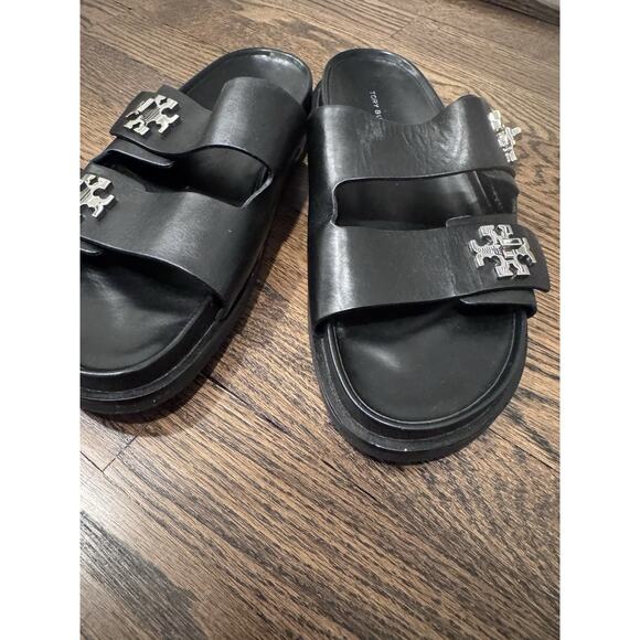 Tory Burch TURNLOCK SPORT SLIDE Black Leather Sz 9.5 Silver Logo Hardware - Picture 8 of 14